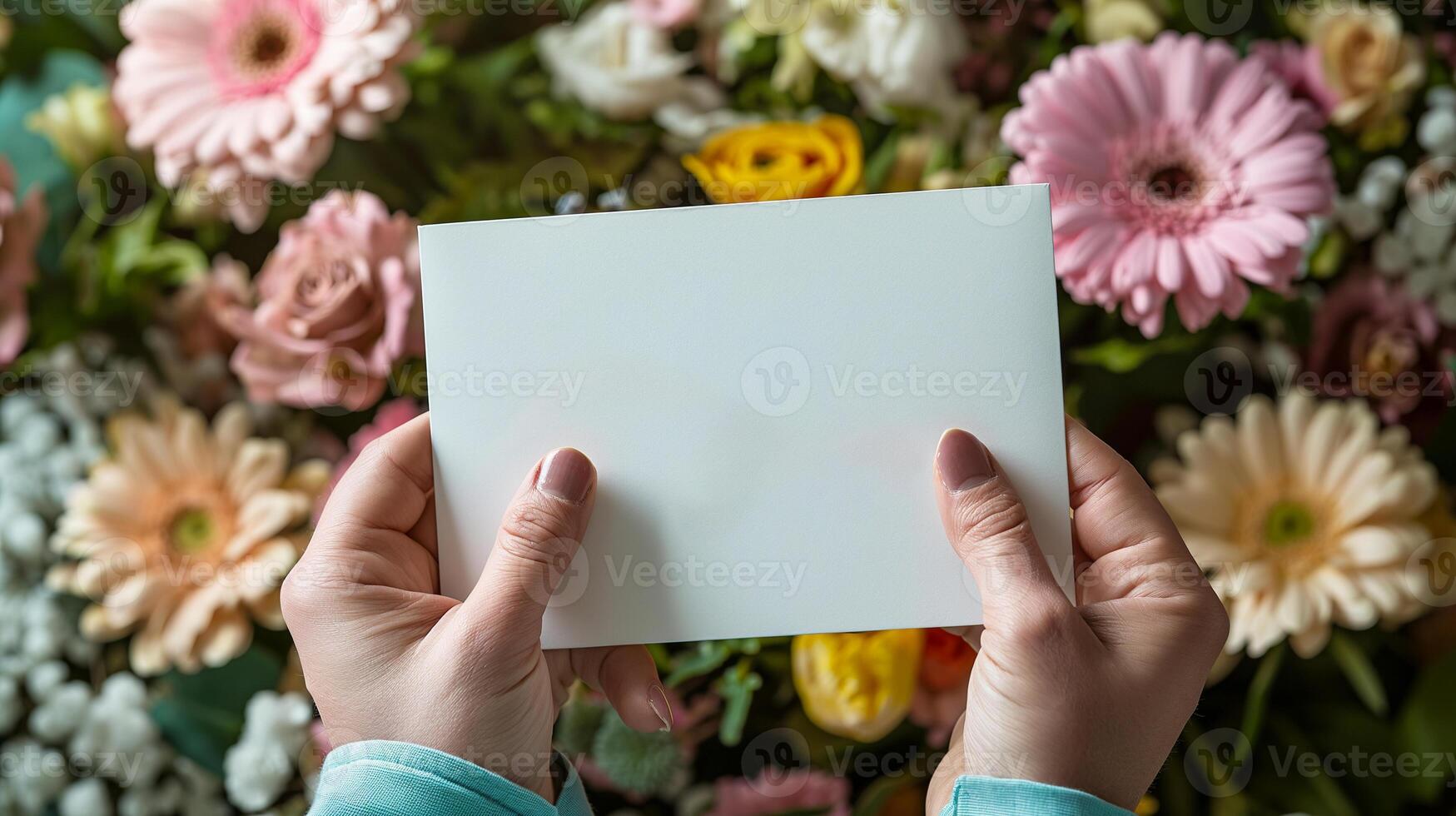 AI generated Hands tenderly holding a blank card poised for a romantic message, framed by a bouquet of vivid Valentine's blooms photo