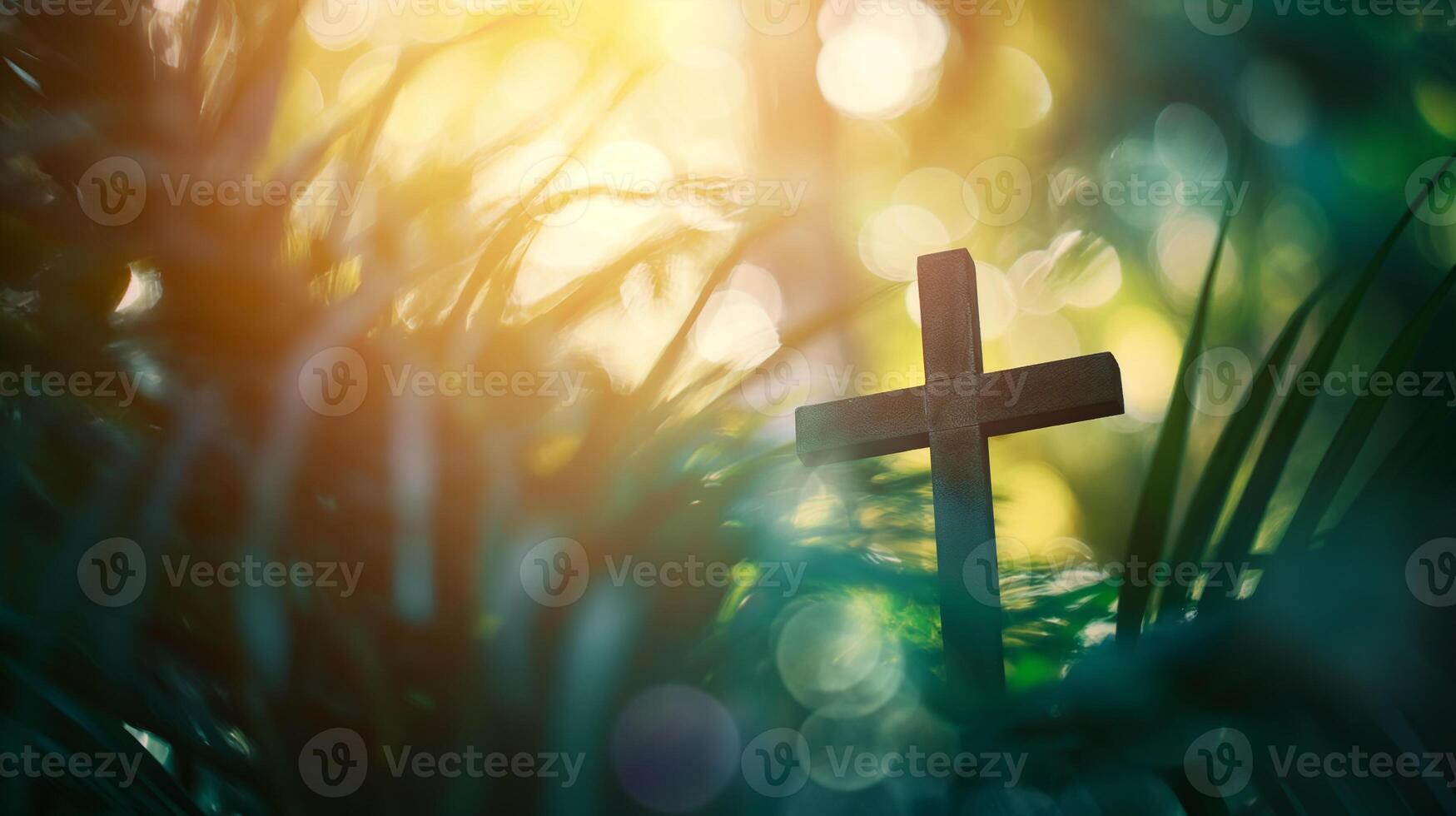 AI generated Palm Sunday Wooden Cross with Sunlit Bokeh Background photo