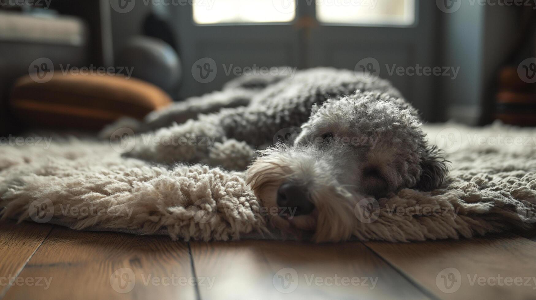 AI generated Sleepy Sheepadoodle Resting Peacefully on a Fluffy Rug photo