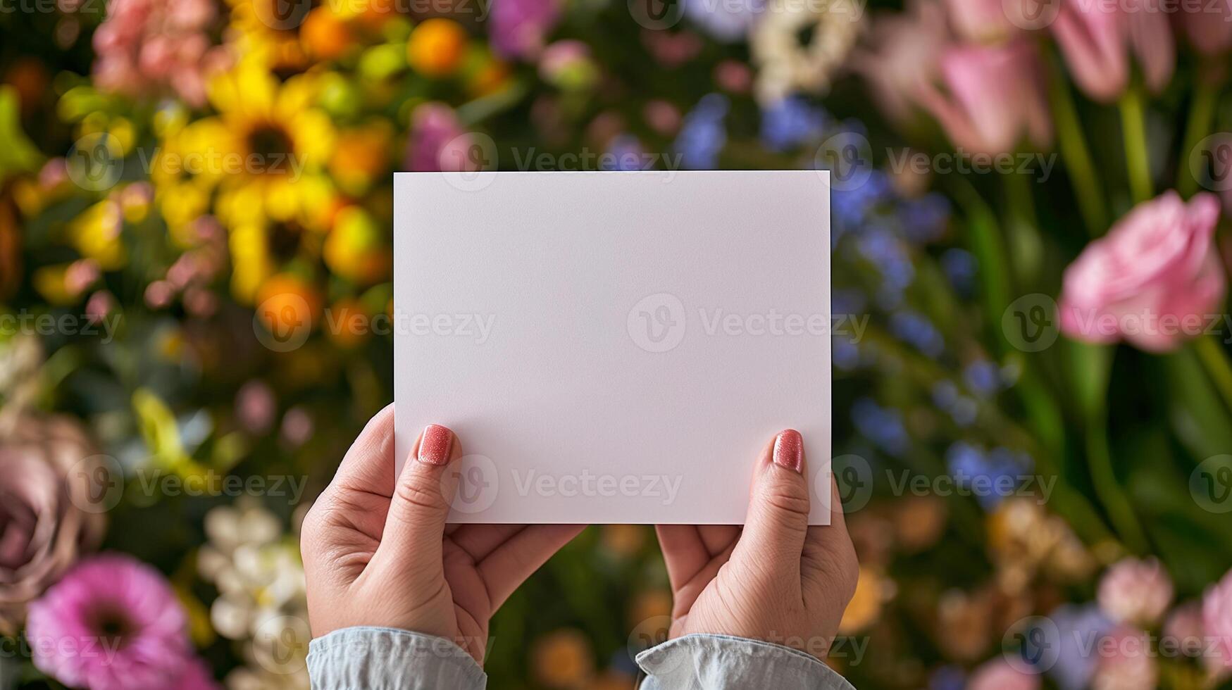 AI generated Hands tenderly holding a blank card poised for a romantic message, framed by a bouquet of vivid Valentine's blooms photo