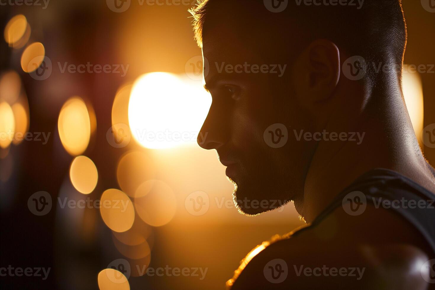 AI generated Side profile of a focused sportsman in a workout session with ambient gym lights. Determined Athlete in Gym at Dusk photo