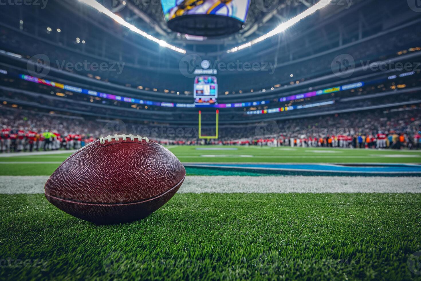 AI generated Game Day Essence. Close-up of an American football on the lush field with stadium lights looming in the background, capturing the spirit of Super Bowl Sunday photo