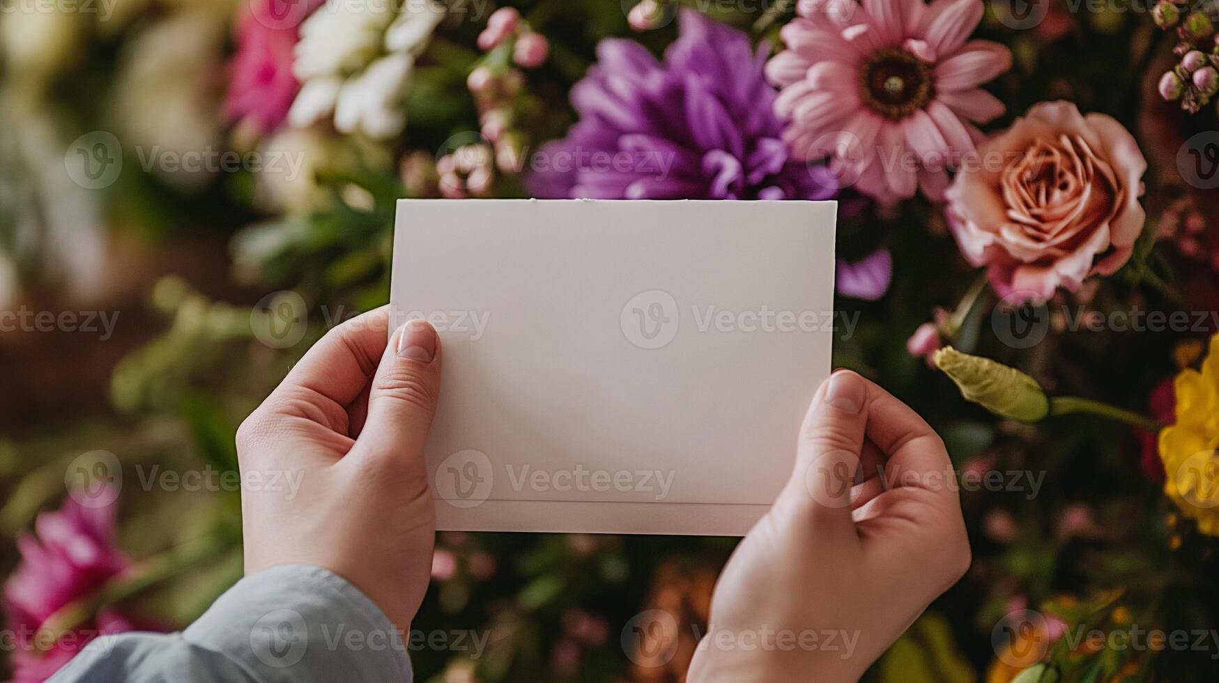 ai generado manos tiernamente participación un blanco tarjeta listo para un romántico mensaje, enmarcado por un ramo de flores de vívido San Valentín floraciones foto