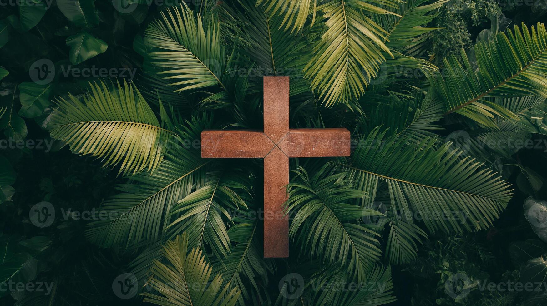 AI generated Palm Sunday Wooden Cross with Sunlit Bokeh Background photo