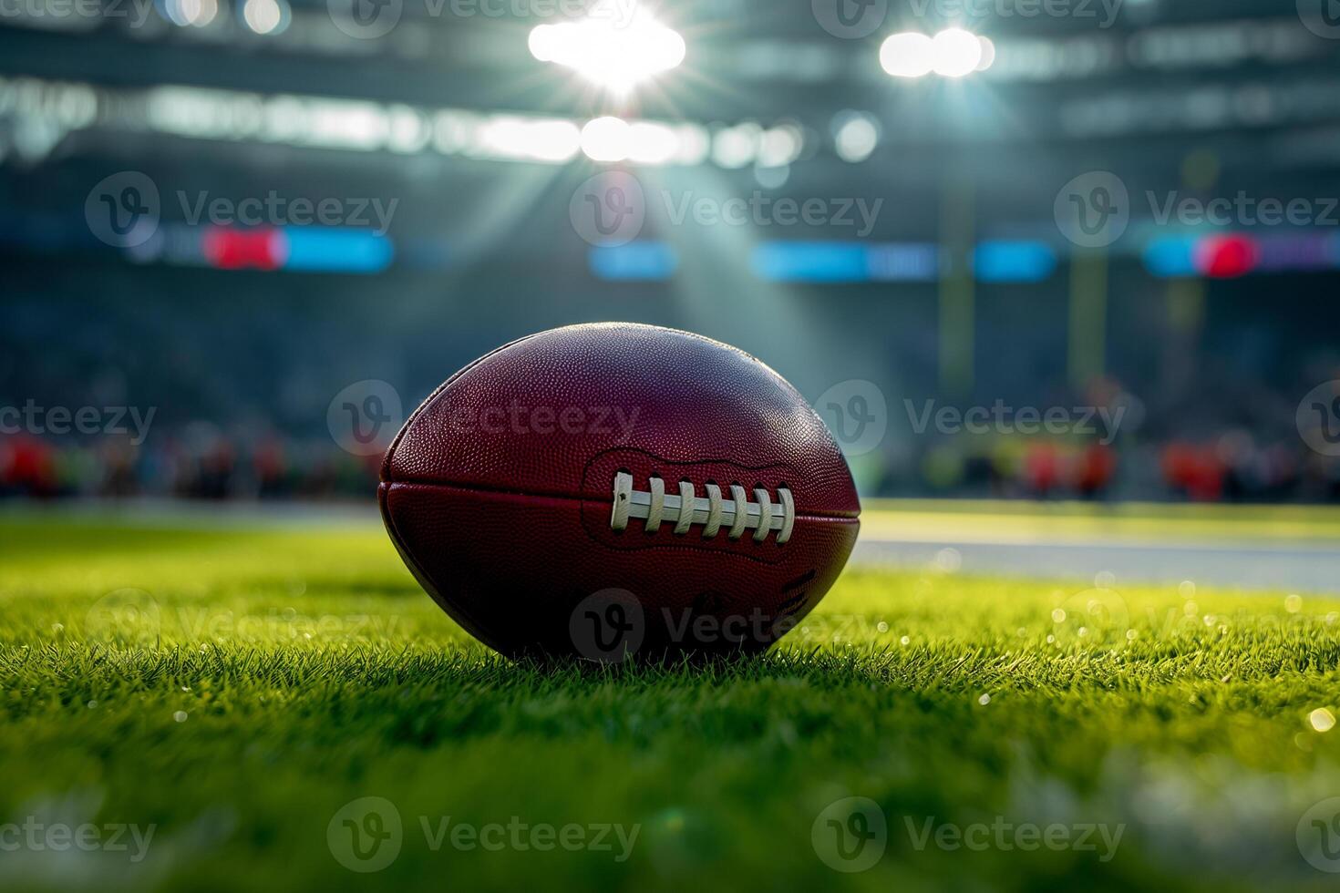 AI generated Game Day Essence. Close-up of an American football on the lush field with stadium lights looming in the background, capturing the spirit of Super Bowl Sunday photo