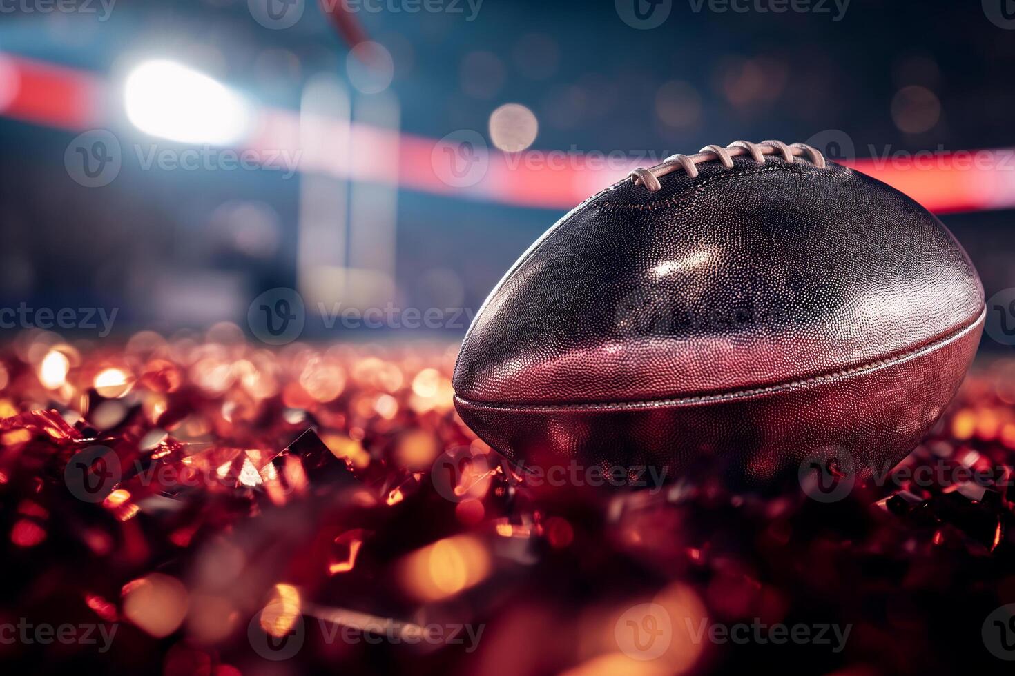 AI generated Super Bowl Nightfall. A glistening football lies amidst a field of confetti, basking in the radiant glow of stadium lights photo