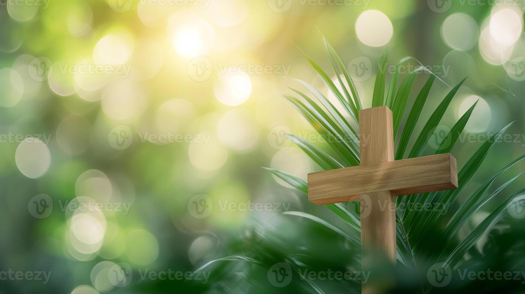 AI generated Palm Sunday Wooden Cross with Sunlit Bokeh Background photo