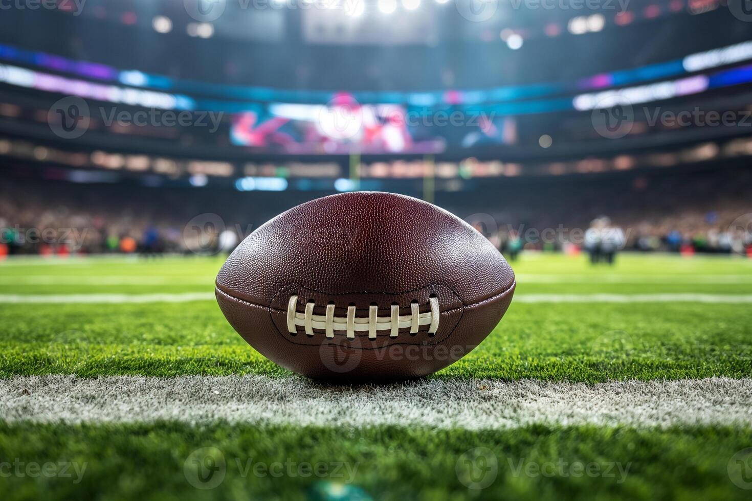 AI generated Game Day Essence. Close-up of an American football on the lush field with stadium lights looming in the background, capturing the spirit of Super Bowl Sunday photo