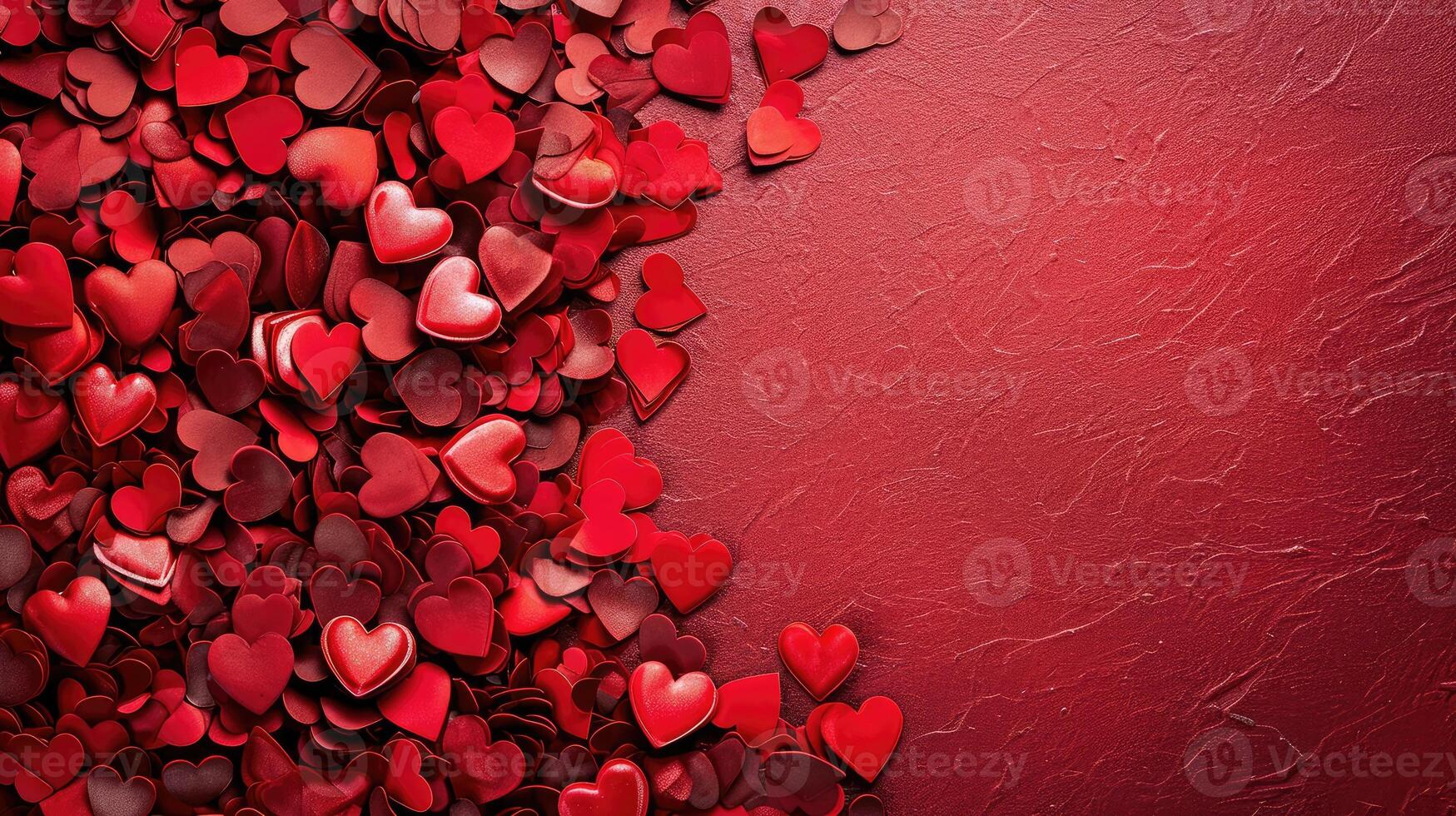 AI generated Valentine day background with red hearts, top view . copyspace photo