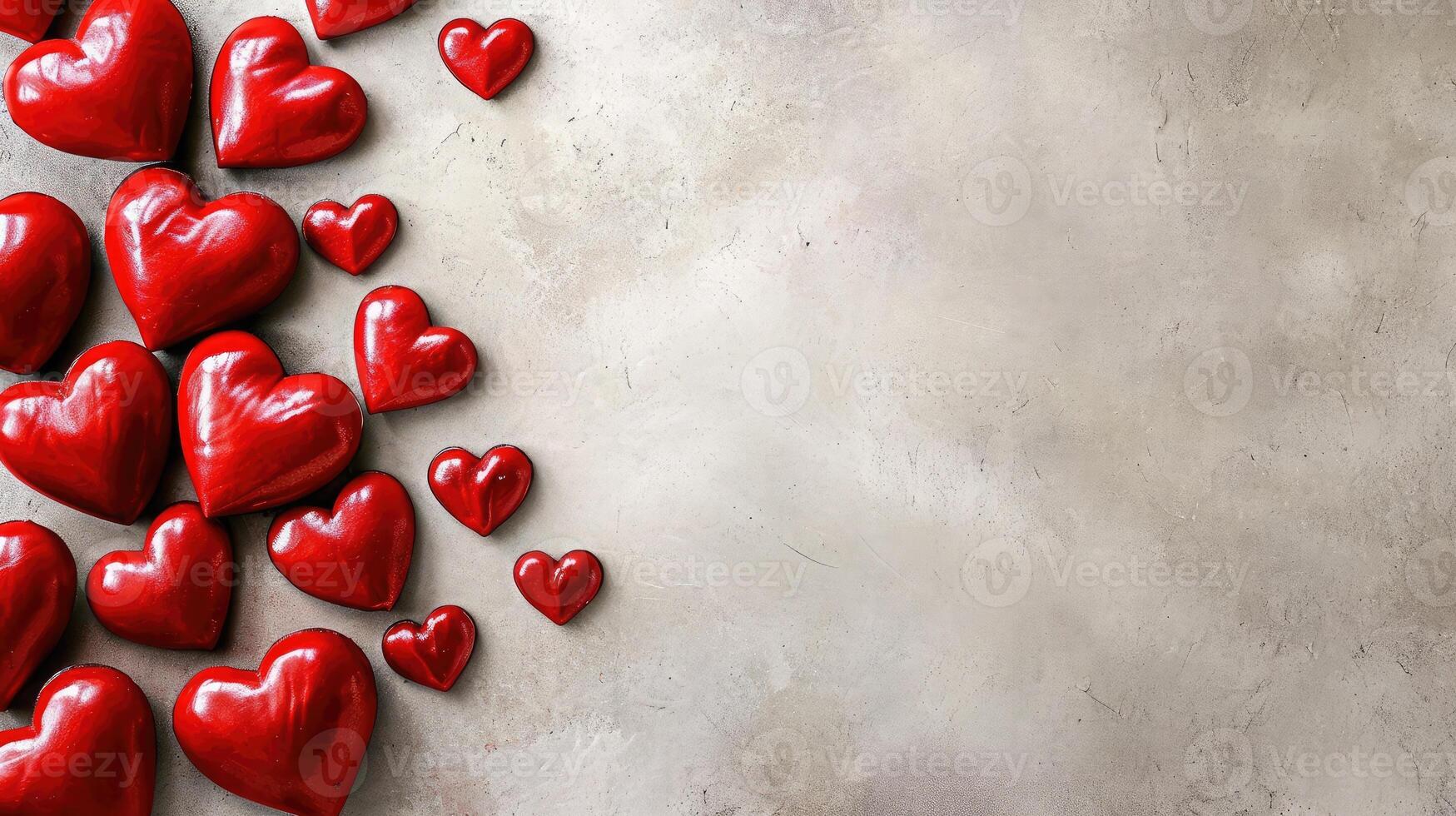 AI generated Valentine day background with red hearts, top view . copy space photo