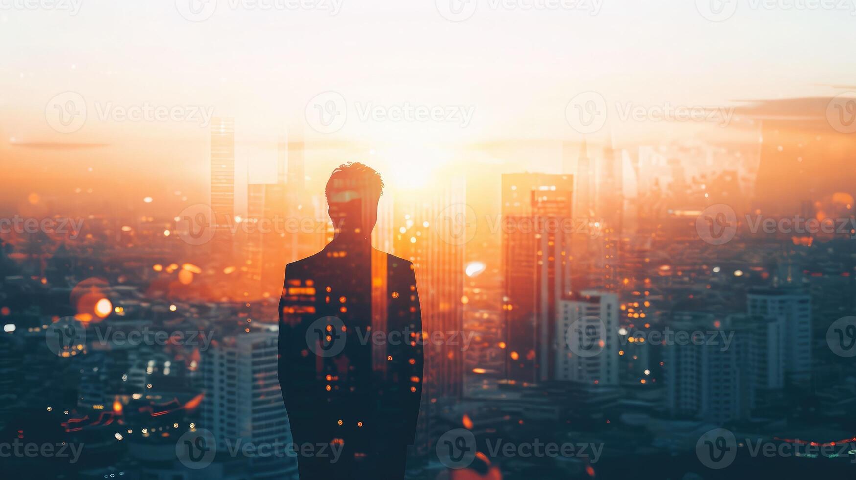 AI generated The double exposure image of the business man standing back during sunrise overlay with cityscape image. The concept of modern life, business, city life and internet of things photo