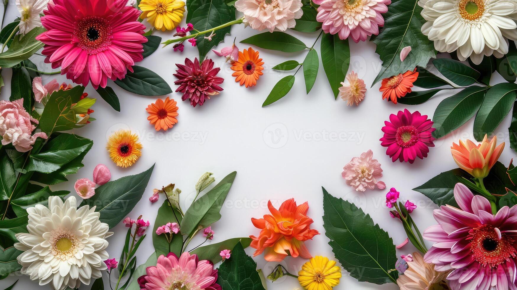 AI generated Creative layout made of flowers and leaves. Flat lay. Nature concept. Floral Greeting card. Colorful spring flower background, space for text. Nature Trendy Decorative Design. photo