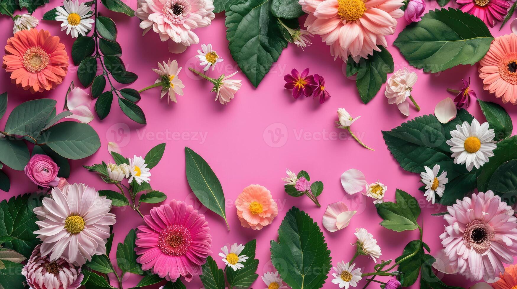 AI generated Creative layout made of flowers and leaves. Flat lay. Nature concept. Floral Greeting card. Colorful spring flower background, space for text. Nature Trendy Decorative Design. photo