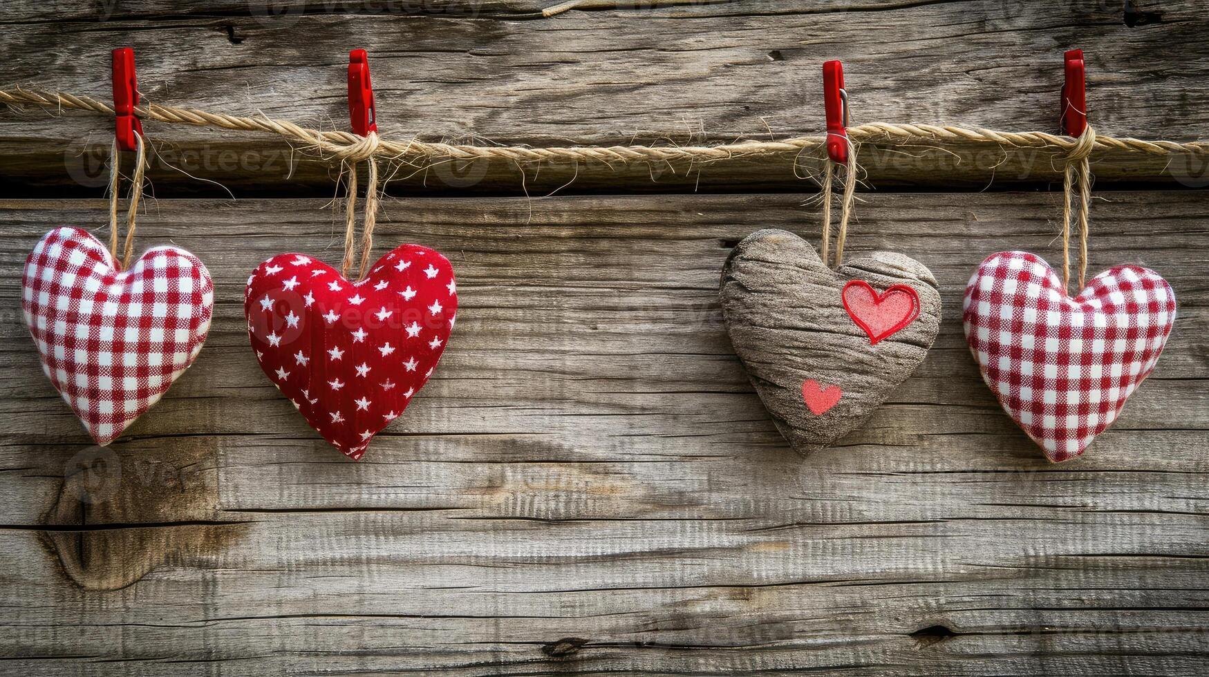ai generado guingán amor San Valentín corazones natural cable y rojo clips colgando en rústico madera flotante textura fondo, Copiar espacio foto