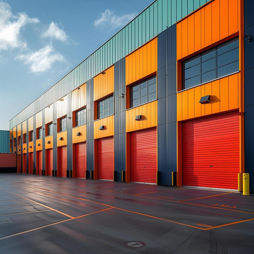 AI generated Mini rental storage units with vibrant colors, warehouse exterior For Social Media Post Size photo