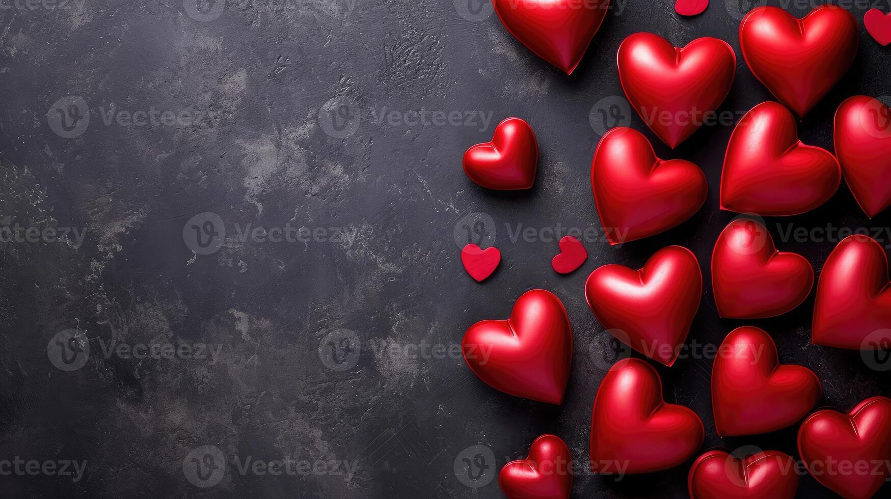 AI generated Valentine day background with red hearts, top view . copyspace photo
