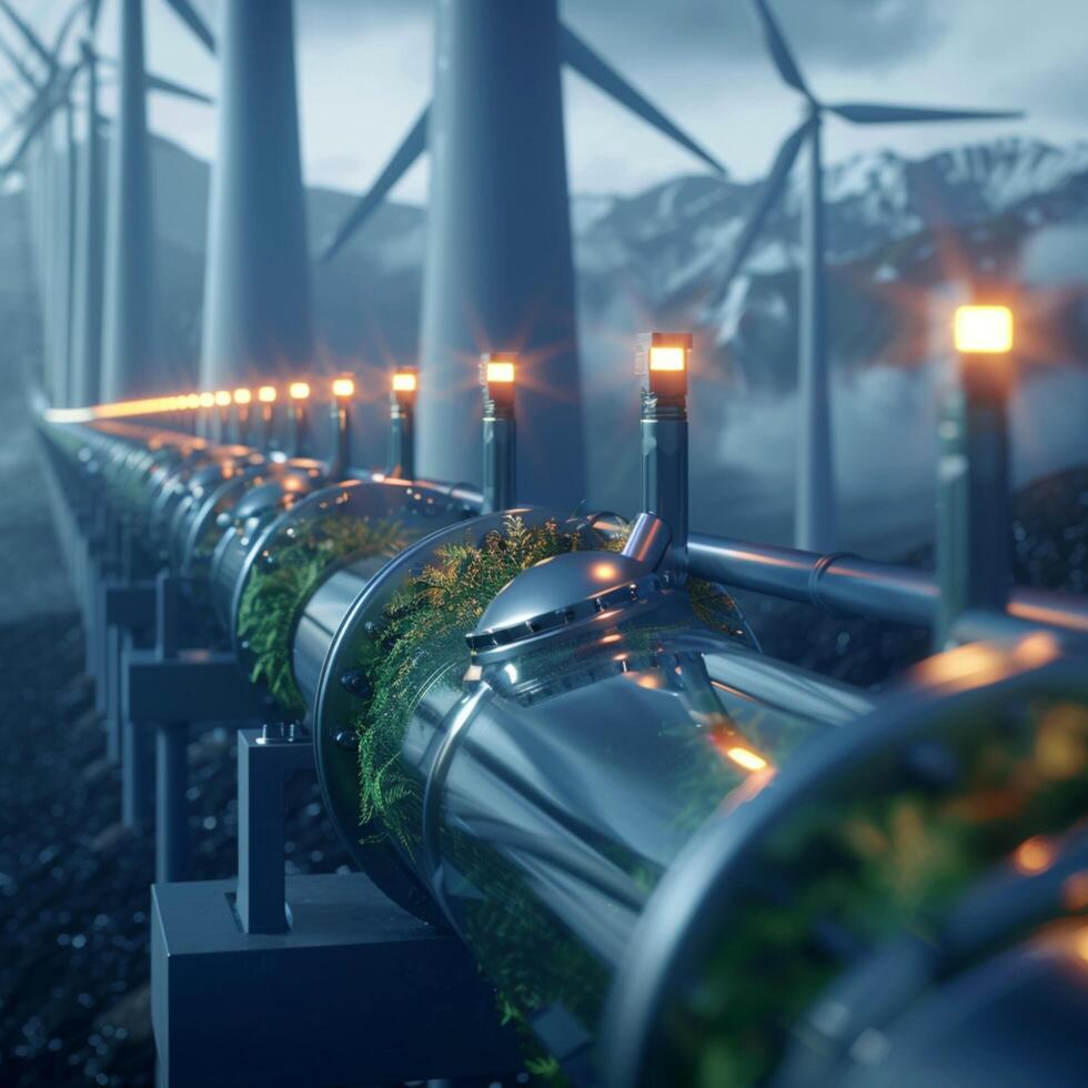 AI generated Photo Green hydrogen production concept Close up of hydrogen pipeline with wind turbines in background For Social Media Post Size