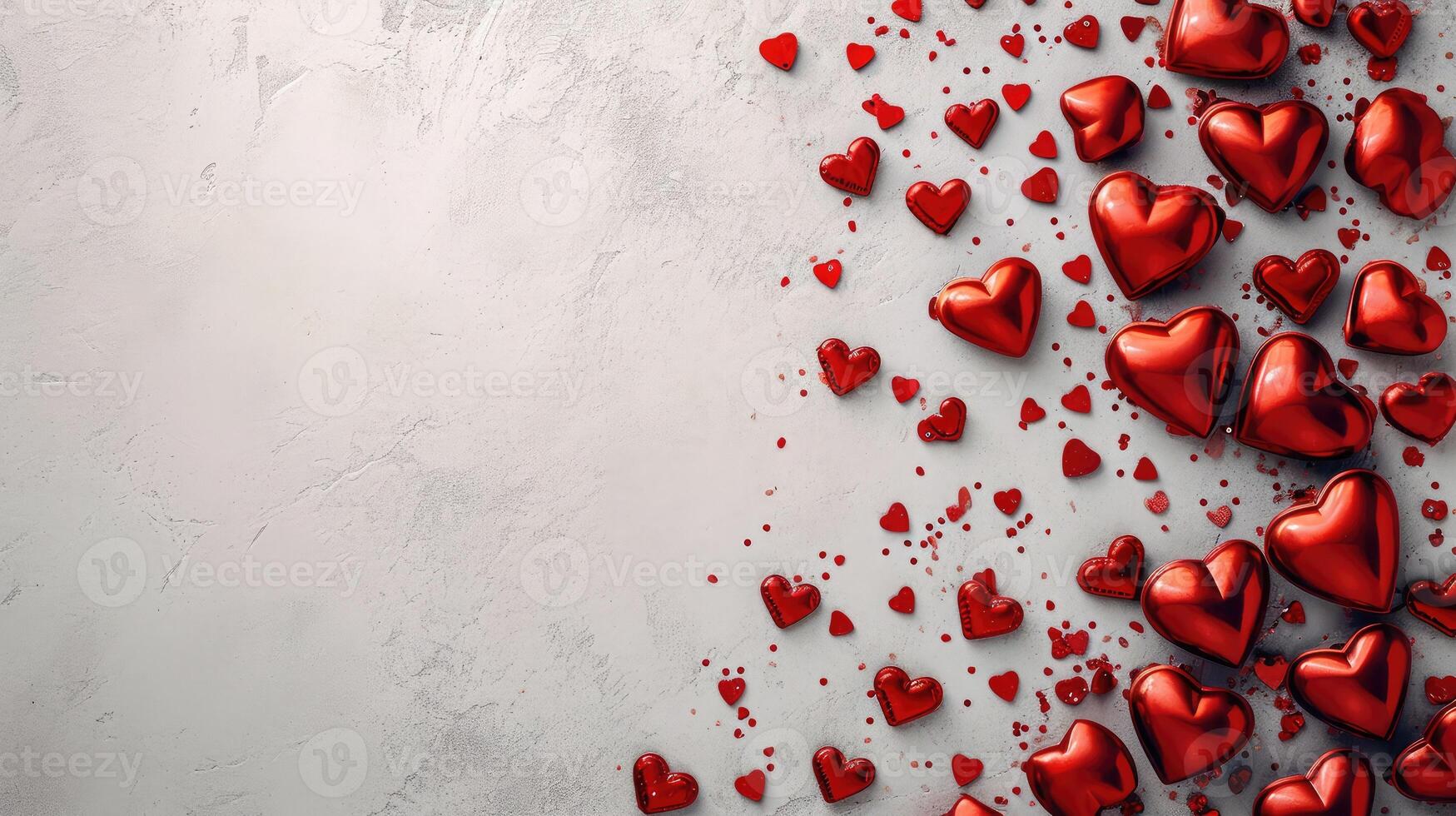 AI generated Valentine day background with red hearts, top view . copyspace photo