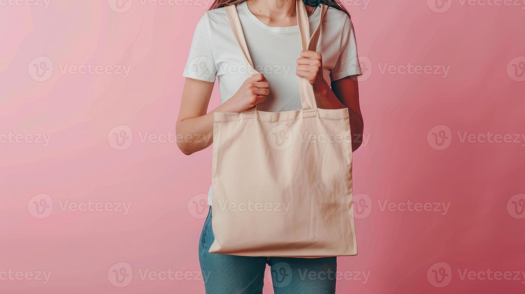 AI generated Woman is holding tote bag canvas fabric for mockup blank template. photo