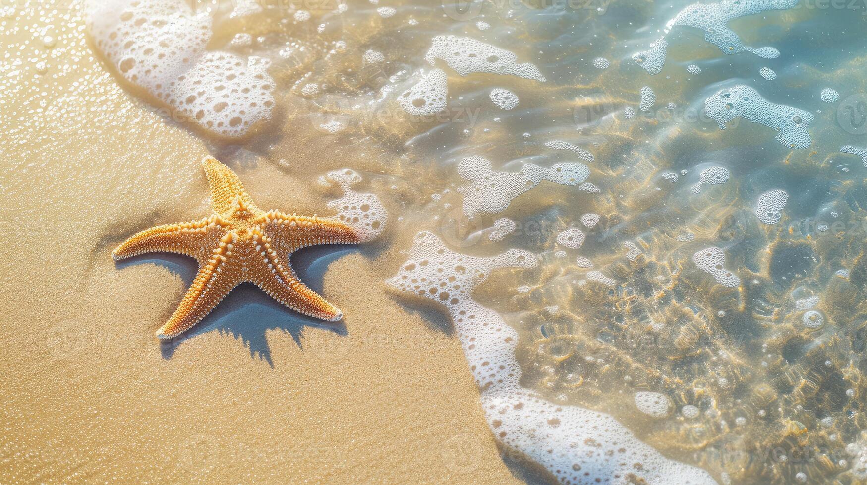 AI generated Starfish on the sand beach in clear sea water. Summer background. Summer time .Copy space. Relaxing on the beach. photo