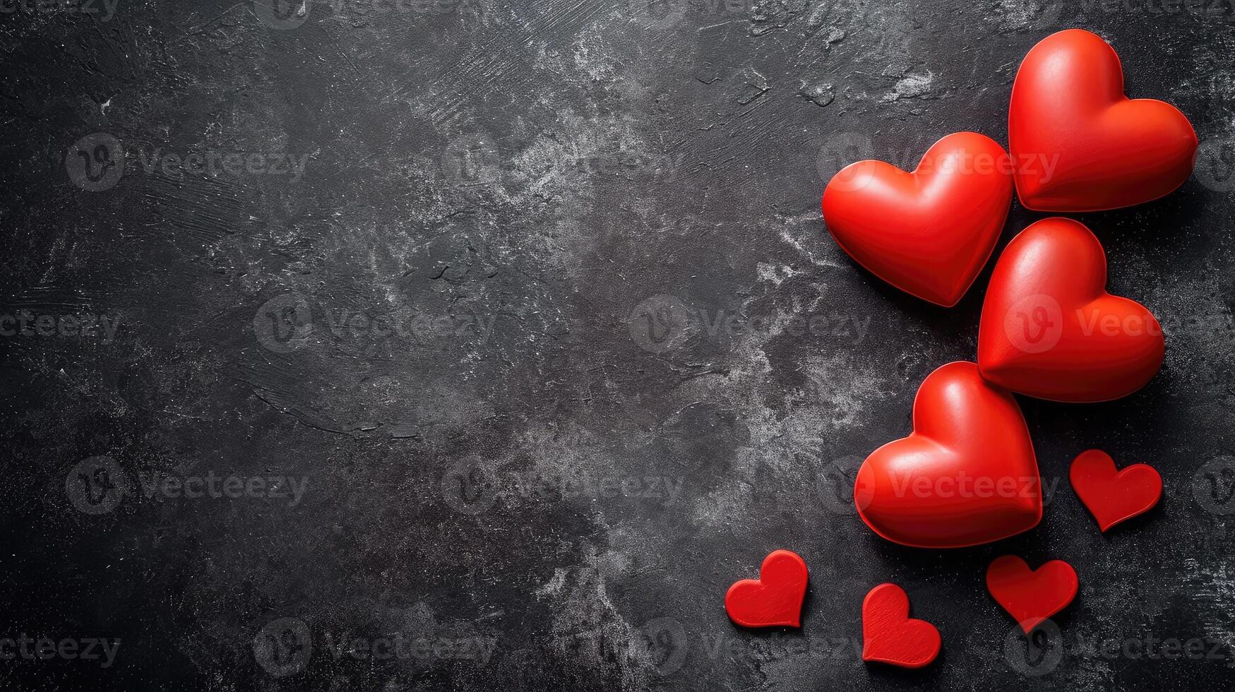 AI generated Valentine day background with red hearts, top view . copyspace photo