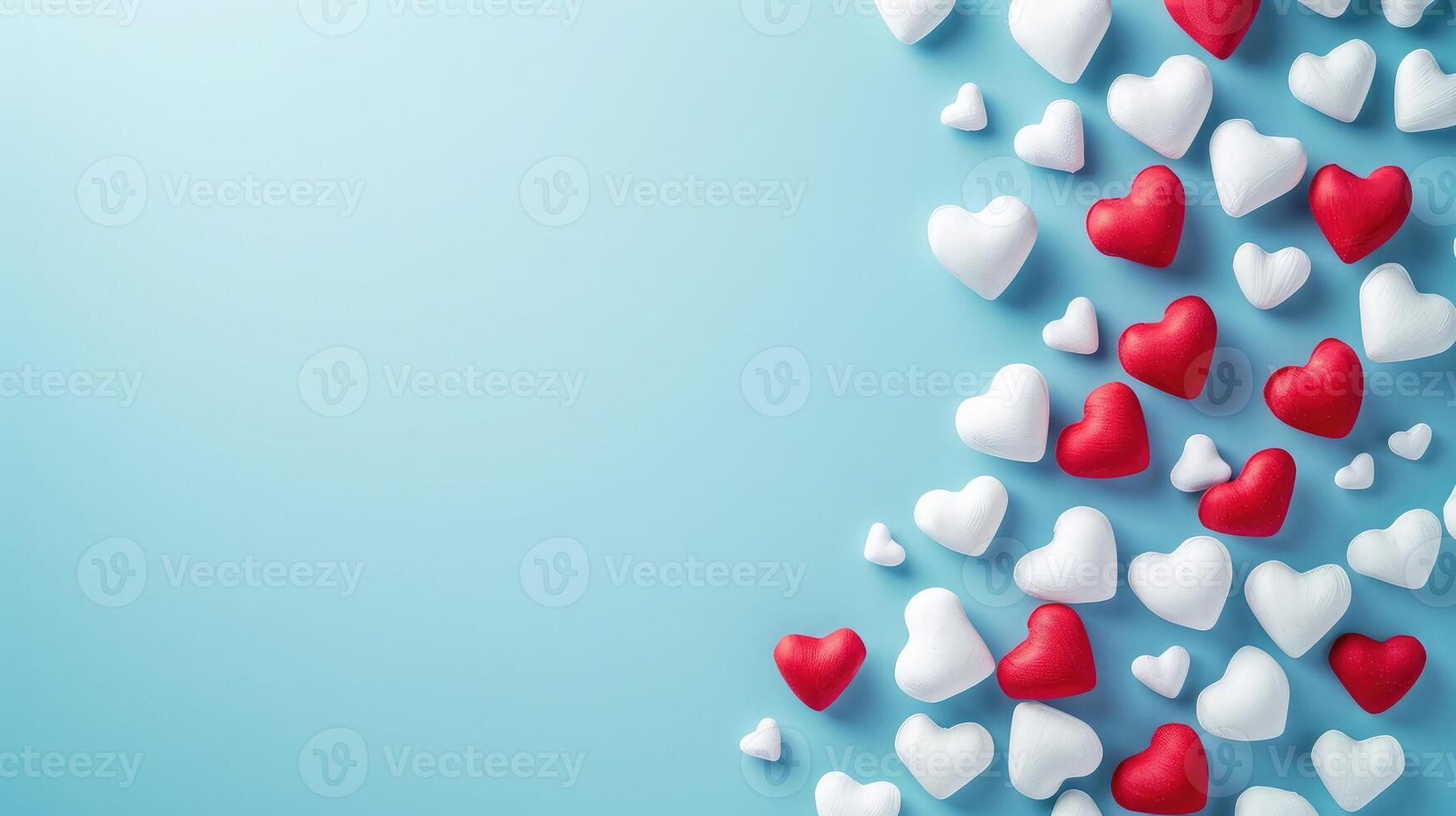 AI generated Valentine's Day background. White and red hearts on pastel blue background. Valentines day concept. Flat lay, top view, copy space photo