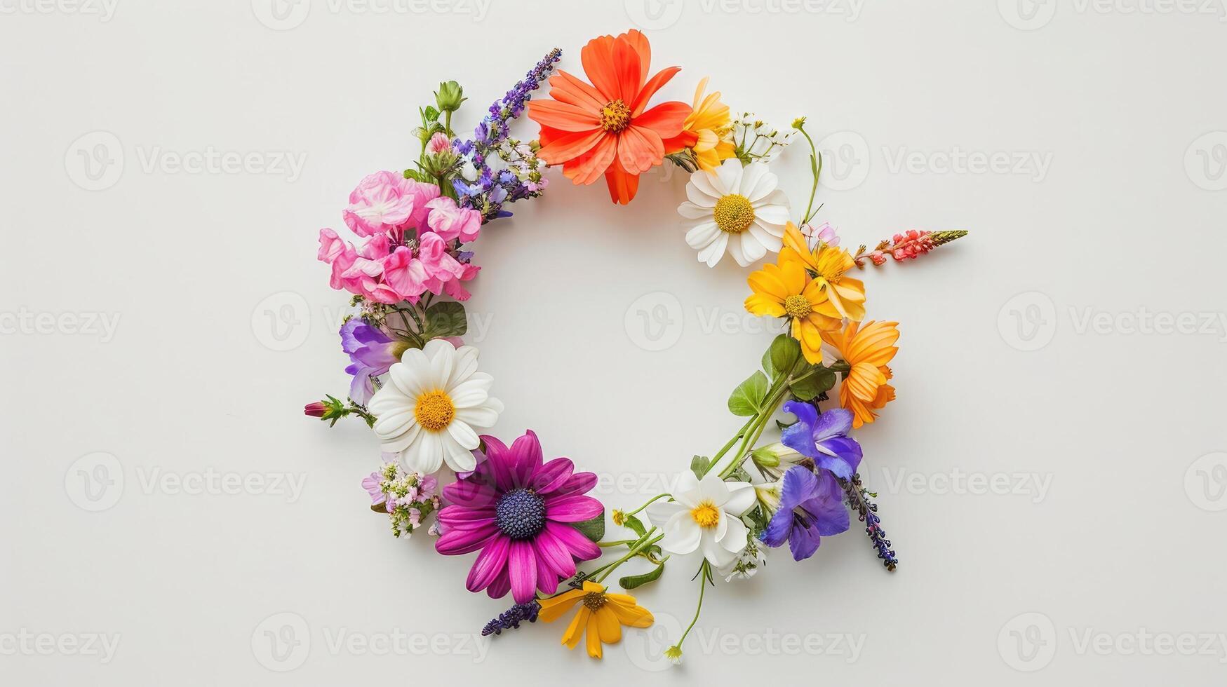 AI generated Flowers composition. Wreath made of various colorful flowers on white background. Easter, spring, summer concept. Flat lay, top view, copy space photo