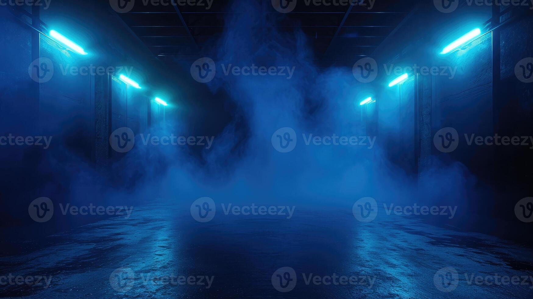 AI generated dark empty street, dark blue background, an empty dark scene, neon light, spotlights The asphalt floor and studio room with smoke float up the interior texture. night view photo