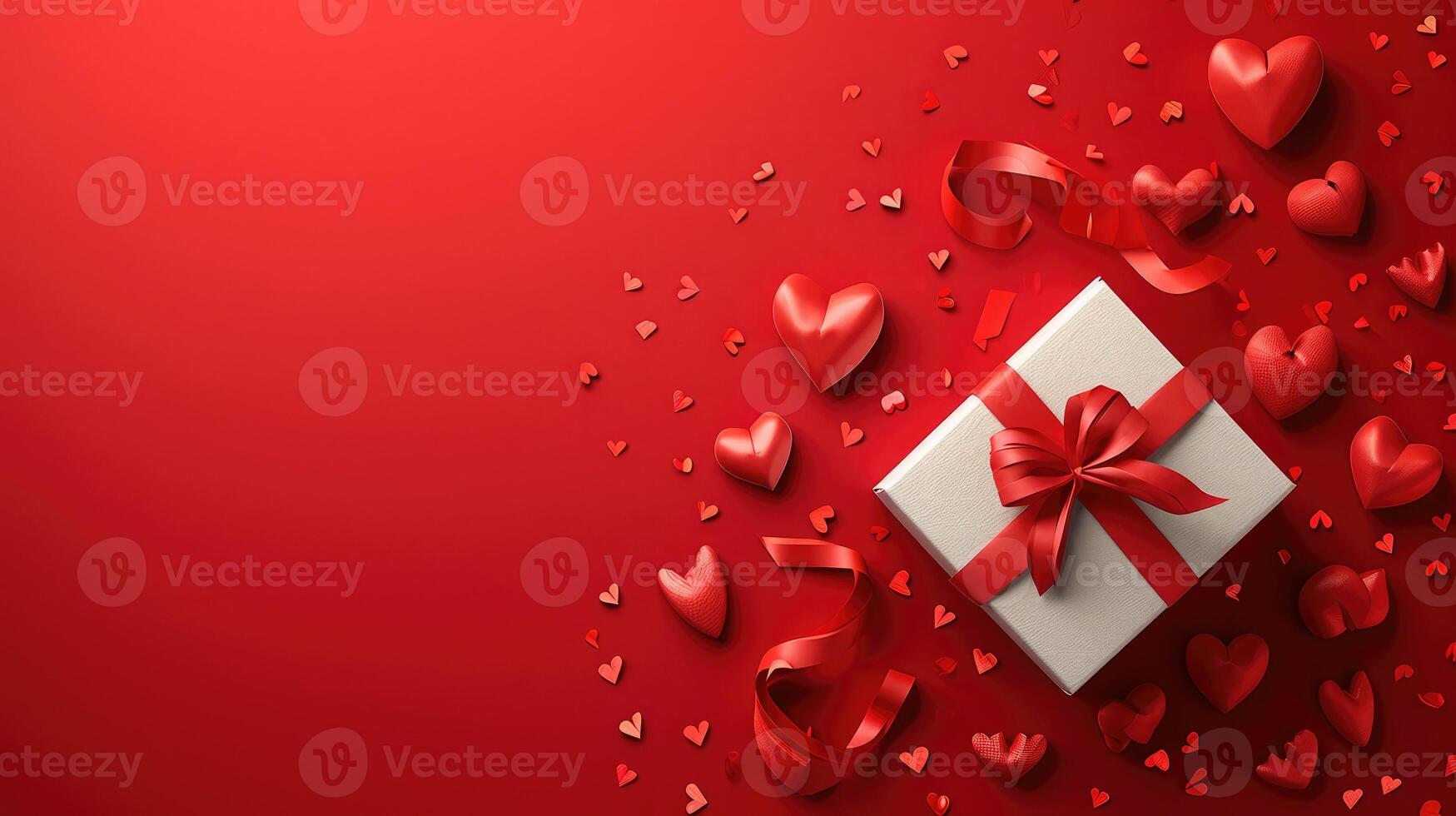 AI generated Paper art Valentine's day concept banner with hand made gift box, paper cut ribbon, bow, and a lot of hearts on a red background with space for text. photo