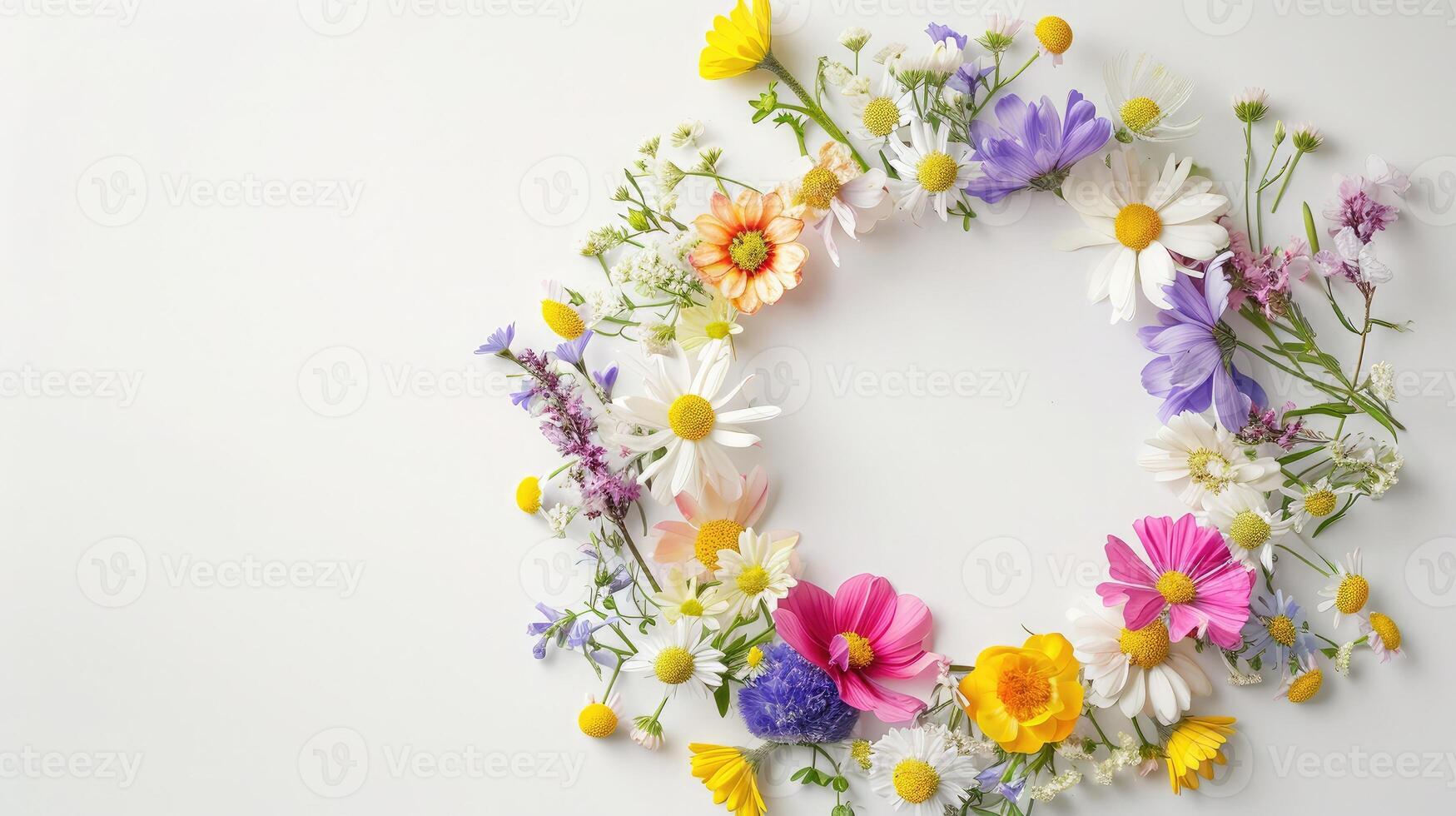 AI generated Flowers composition. Wreath made of various colorful flowers on white background. Easter, spring, summer concept. Flat lay, top view, copy space photo