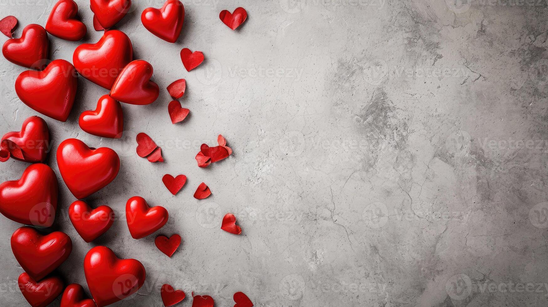 AI generated Valentine day background with red hearts, top view . copy space photo