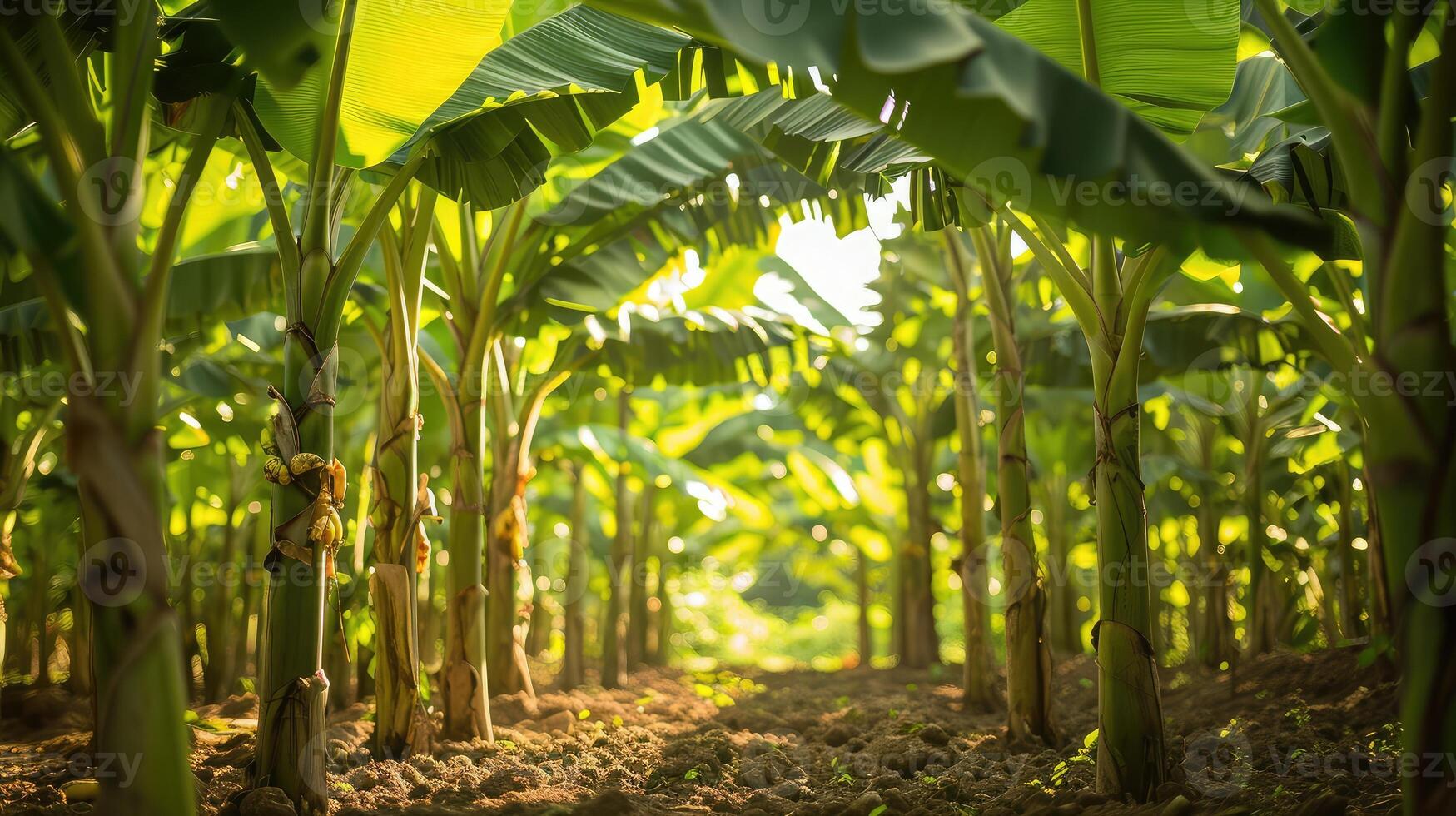 ai generado plátano árbol plantación en naturaleza con luz foto