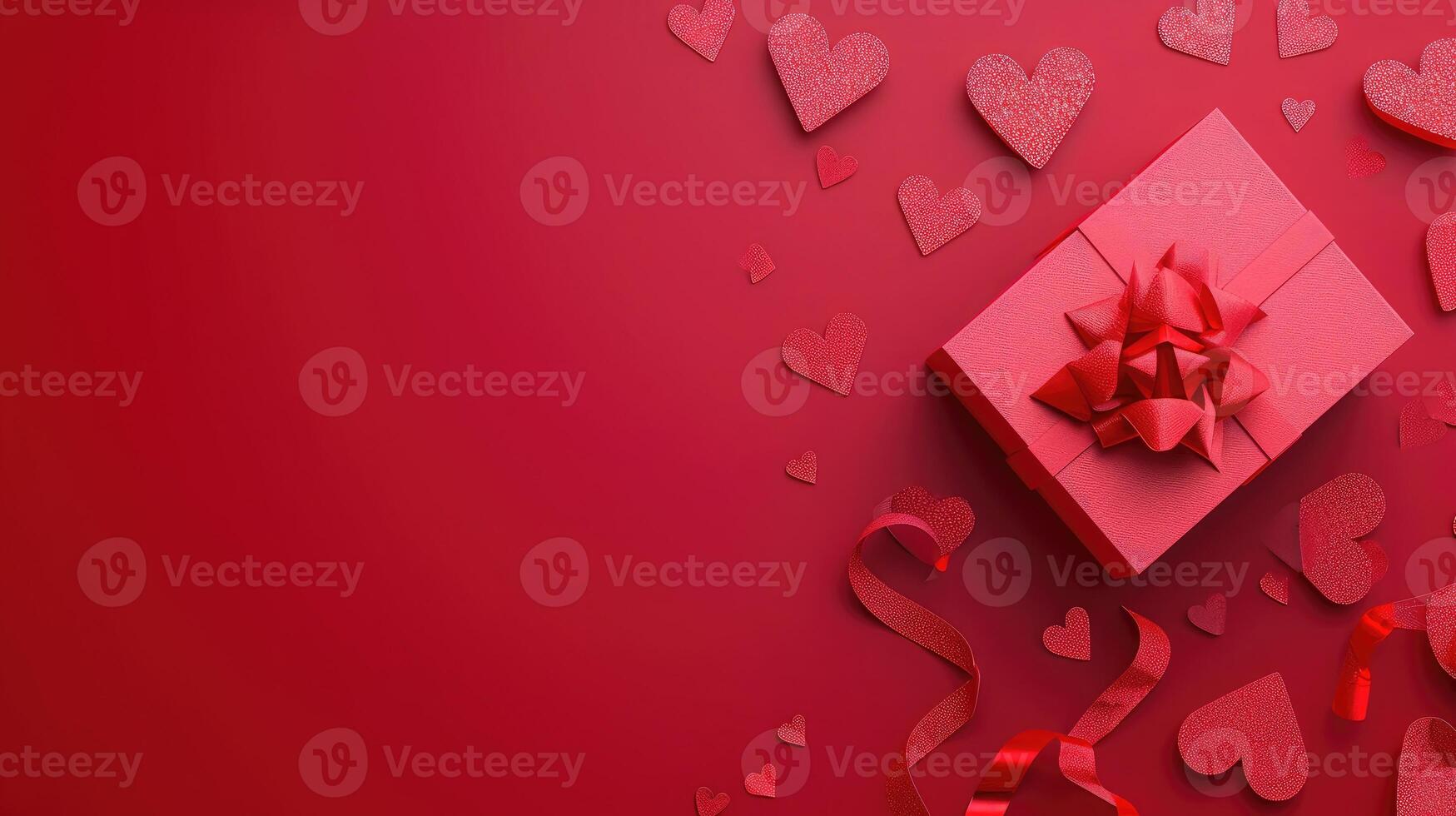 AI generated Paper art Valentine's day concept banner with hand made gift box, paper cut ribbon, bow, and a lot of hearts on a red background with space for text. photo