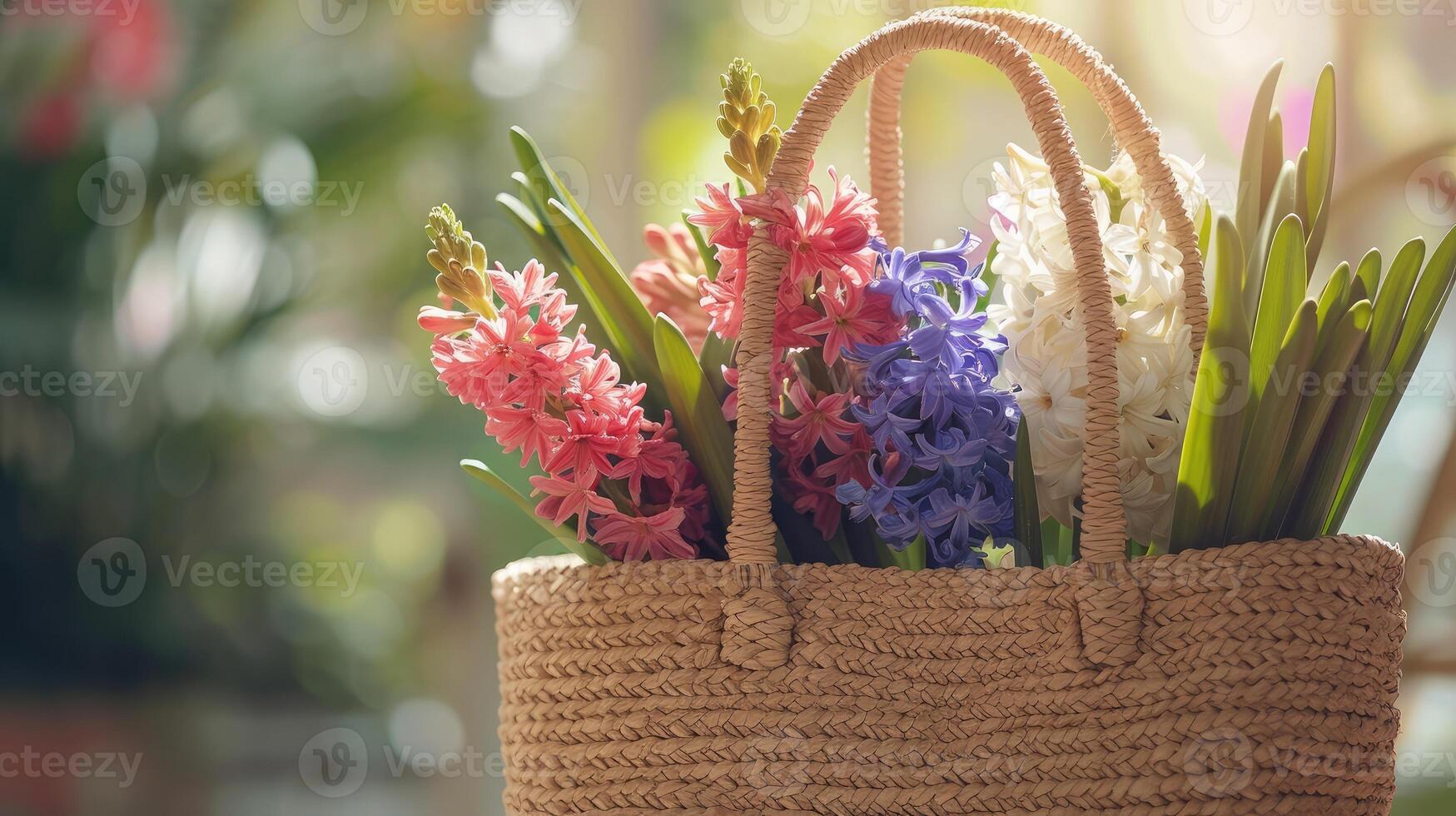 AI generated Beautiful straw bag with seasonal flowers of hyacinth and carnation blossom photo