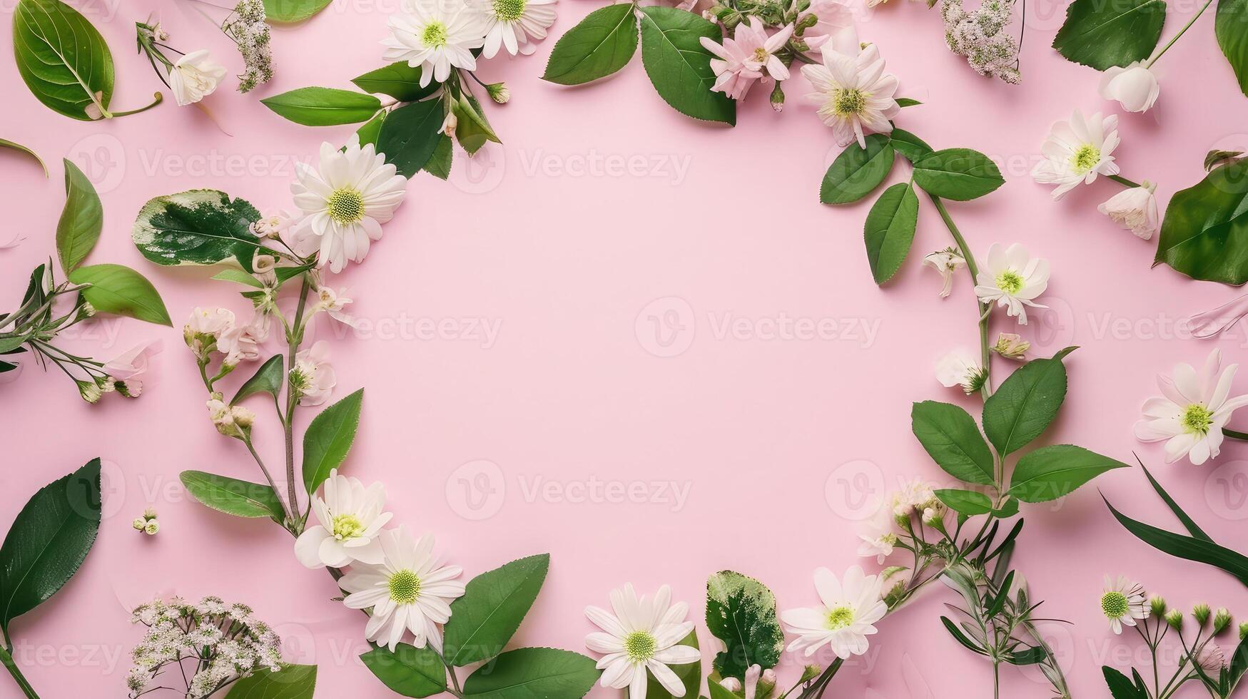 AI generated Wreath made of beautiful flowers and green leaves on pale pink background, flat lay. Space for text photo