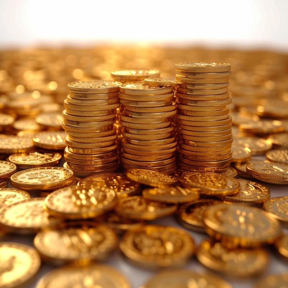 AI generated Business prosperity Gold coins in a 3D heap, isolated presentation For Social Media Post Size photo