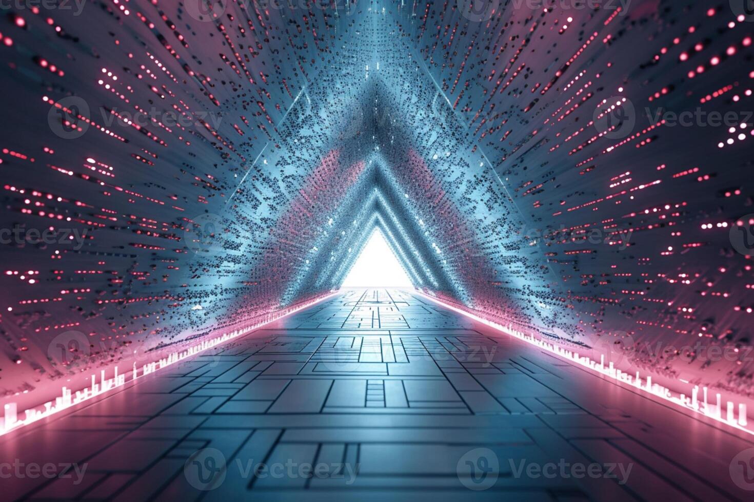 ai generado digital resplandor túnel neón ligero pasarela en ciberespacio, 3d ilustración foto