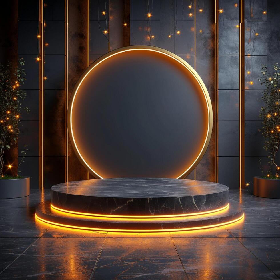 AI generated Black and gold 3D pedestal podium, neon lit minimalistic luxury concept For Social Media Post Size photo