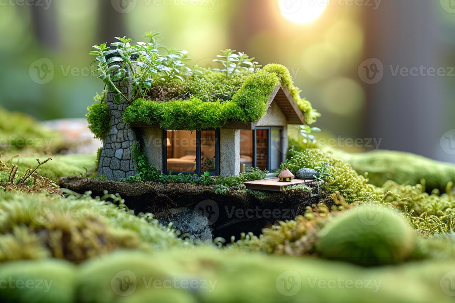 AI generated Green architecture Miniature house symbolizes eco friendly living amidst nature photo