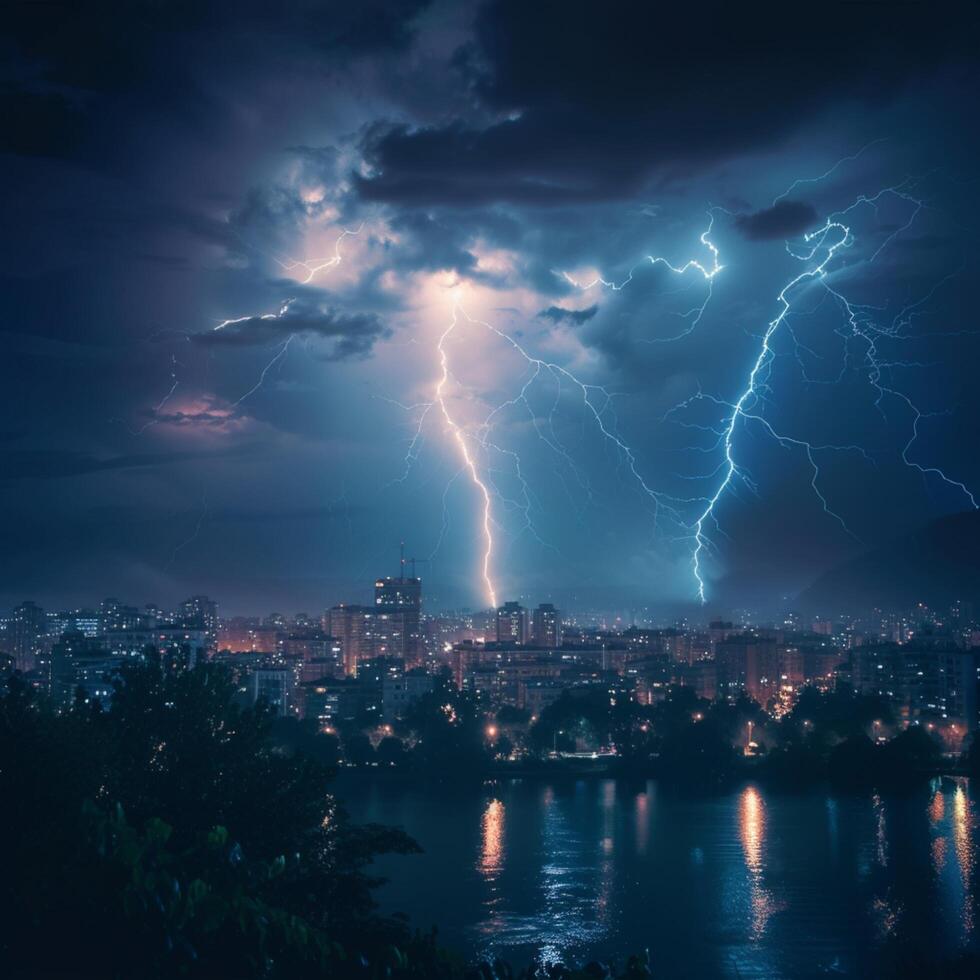AI generated Dramatic lightning illuminates city skyline in nocturnal urban scene For Social Media Post Size photo