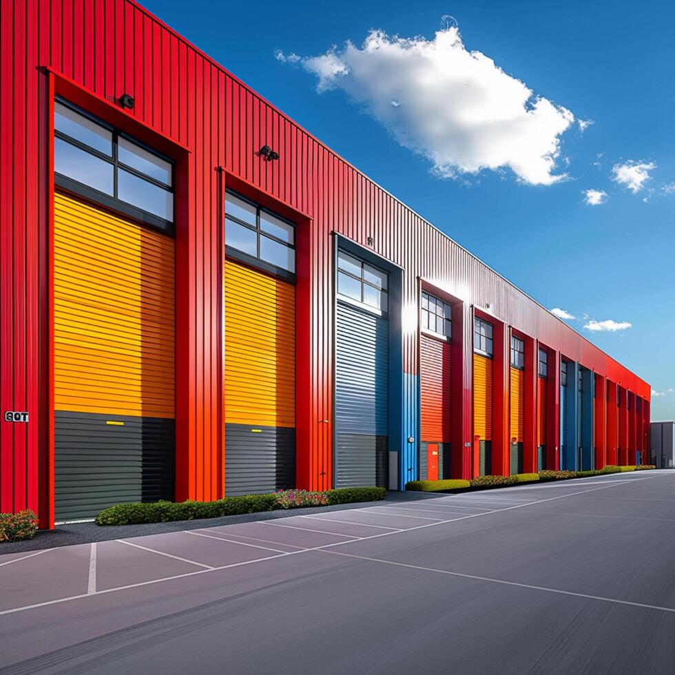 AI generated Industry building showcases array of colorful metal storage units For Social Media Post Size photo