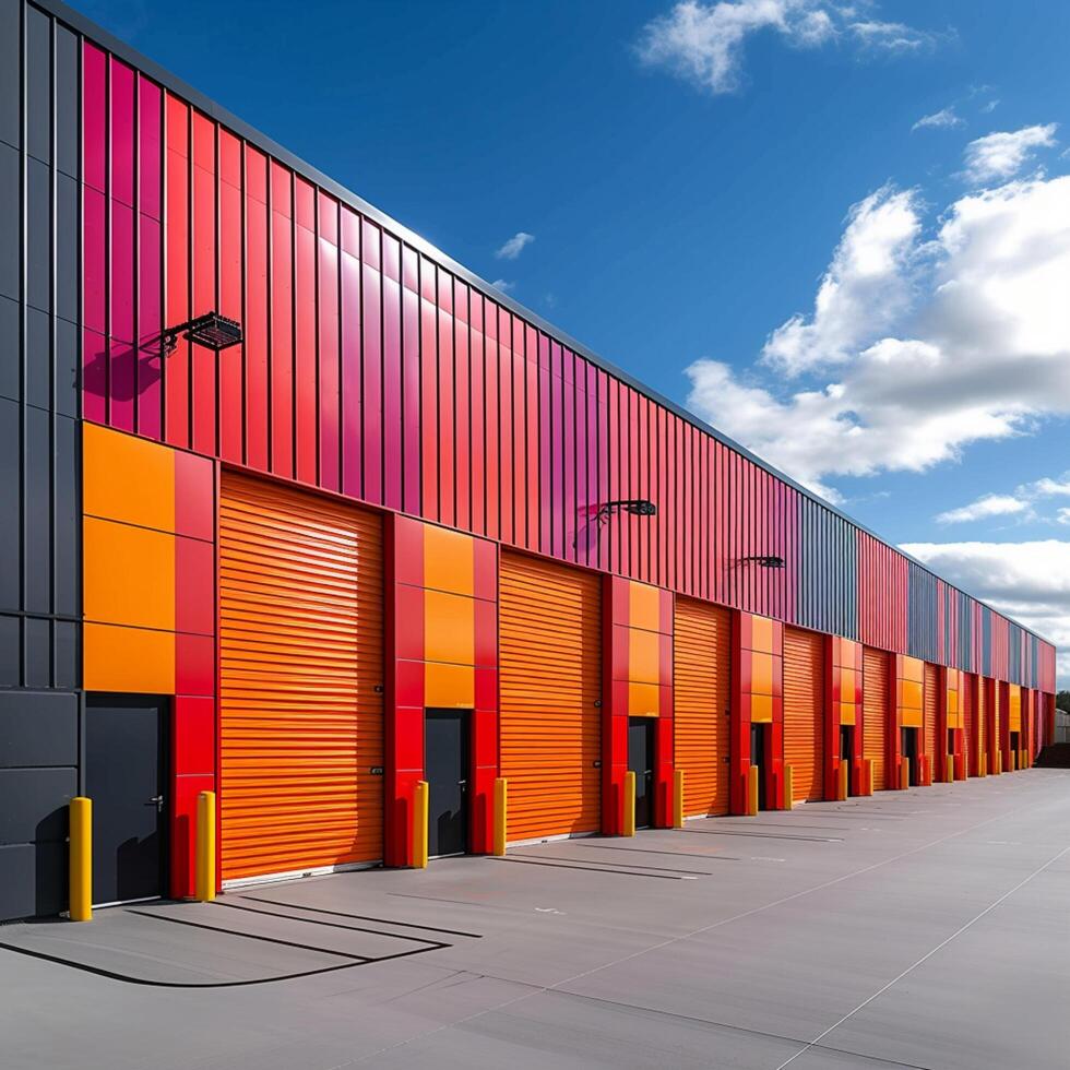 AI generated Photo Colorful metal self storage units outside warehouse, industrial rental space For Social Media Post Size