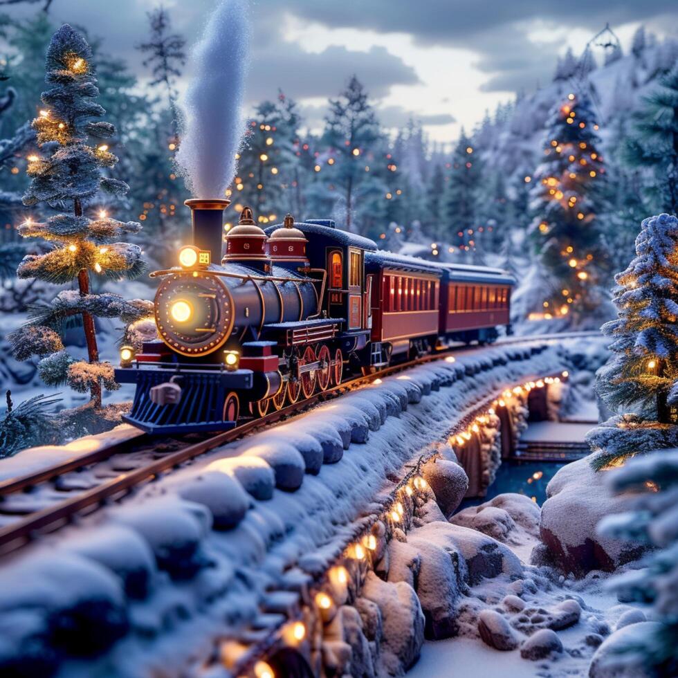 AI generated Enchanting journey aboard Polar Express through snowy winter wonderland For Social Media Post Size photo