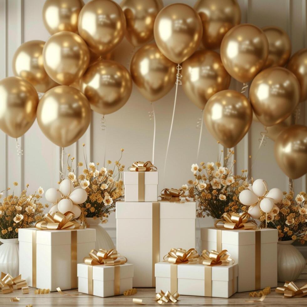 AI generated Golden balloons and gifts set the scene for celebration invitation For Social Media Post Size photo