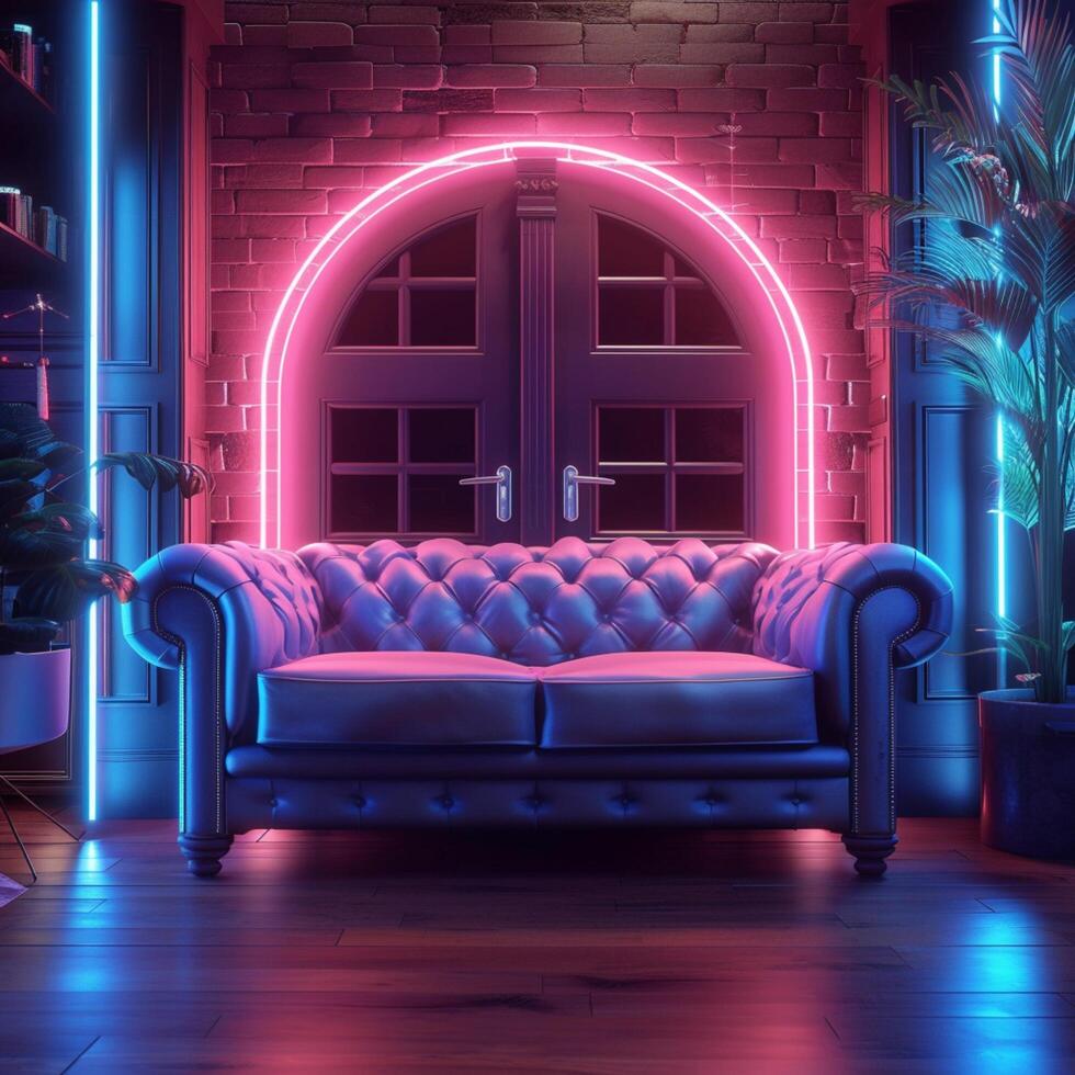 AI generated Modern lounge with dual leather couches lit by vibrant neons For Social Media Post Size photo