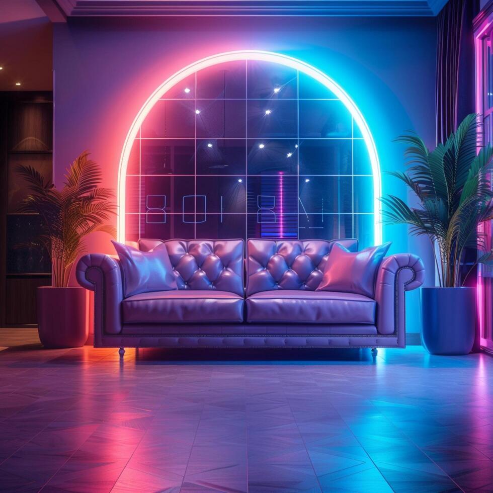 AI generated Modern lounge with dual leather couches lit by vibrant neons For Social Media Post Size photo