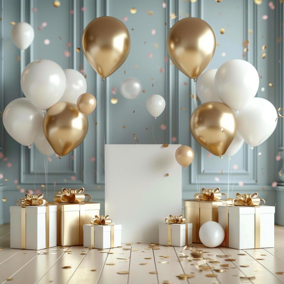 AI generated Party invitation with balloons, presents, and space for text For Social Media Post Size photo