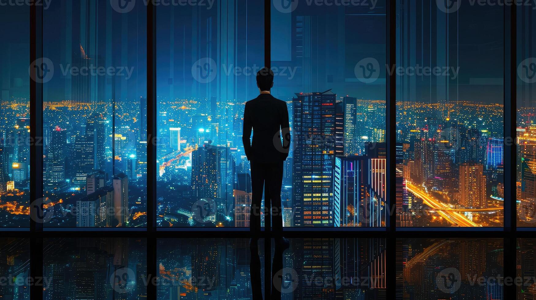 AI generated Businessman standing in a dark room and looking outside to a cityscape view photo