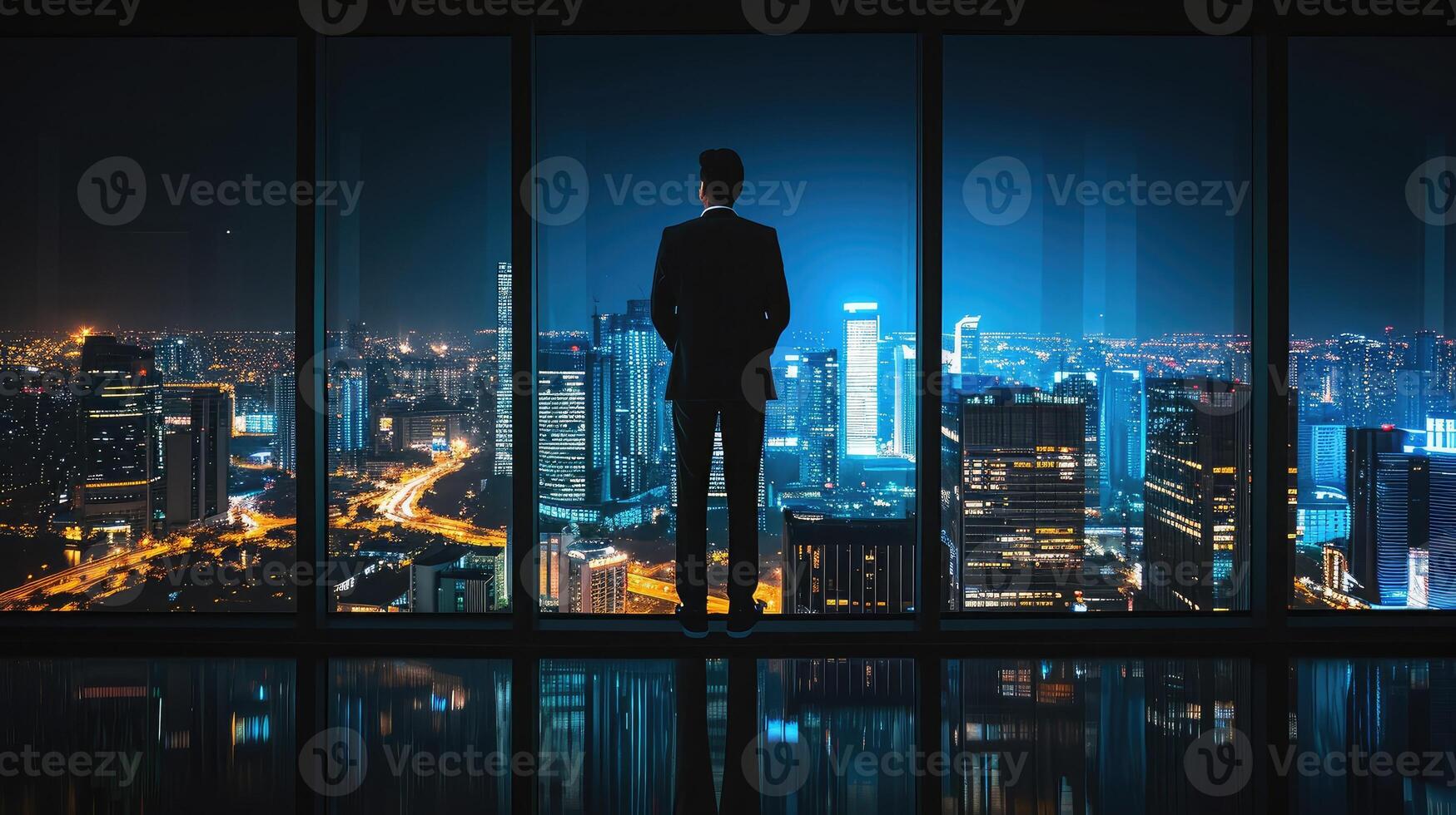 AI generated Businessman standing in a dark room and looking outside to a cityscape view photo