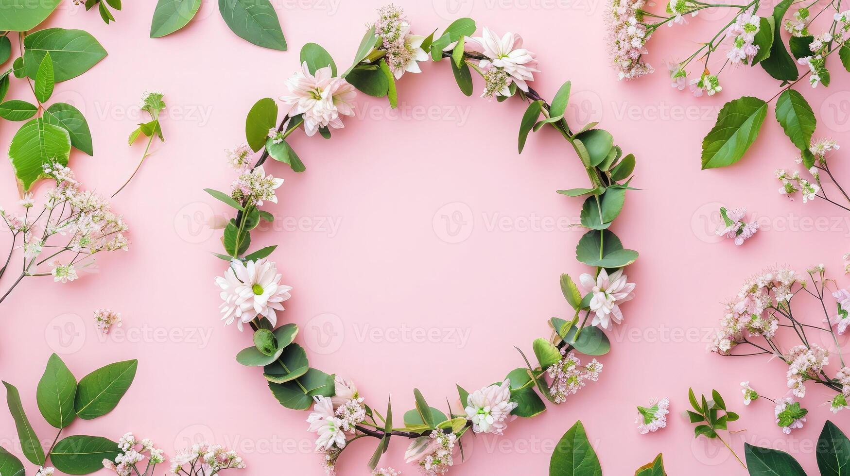 AI generated Wreath made of beautiful flowers and green leaves on pale pink background, flat lay. Space for text photo